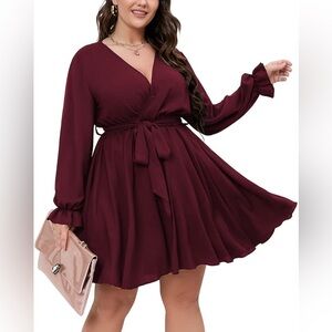Burgundy Long Sleeve Wrap V Neck Tie Waist A Line Dress XL worn once
